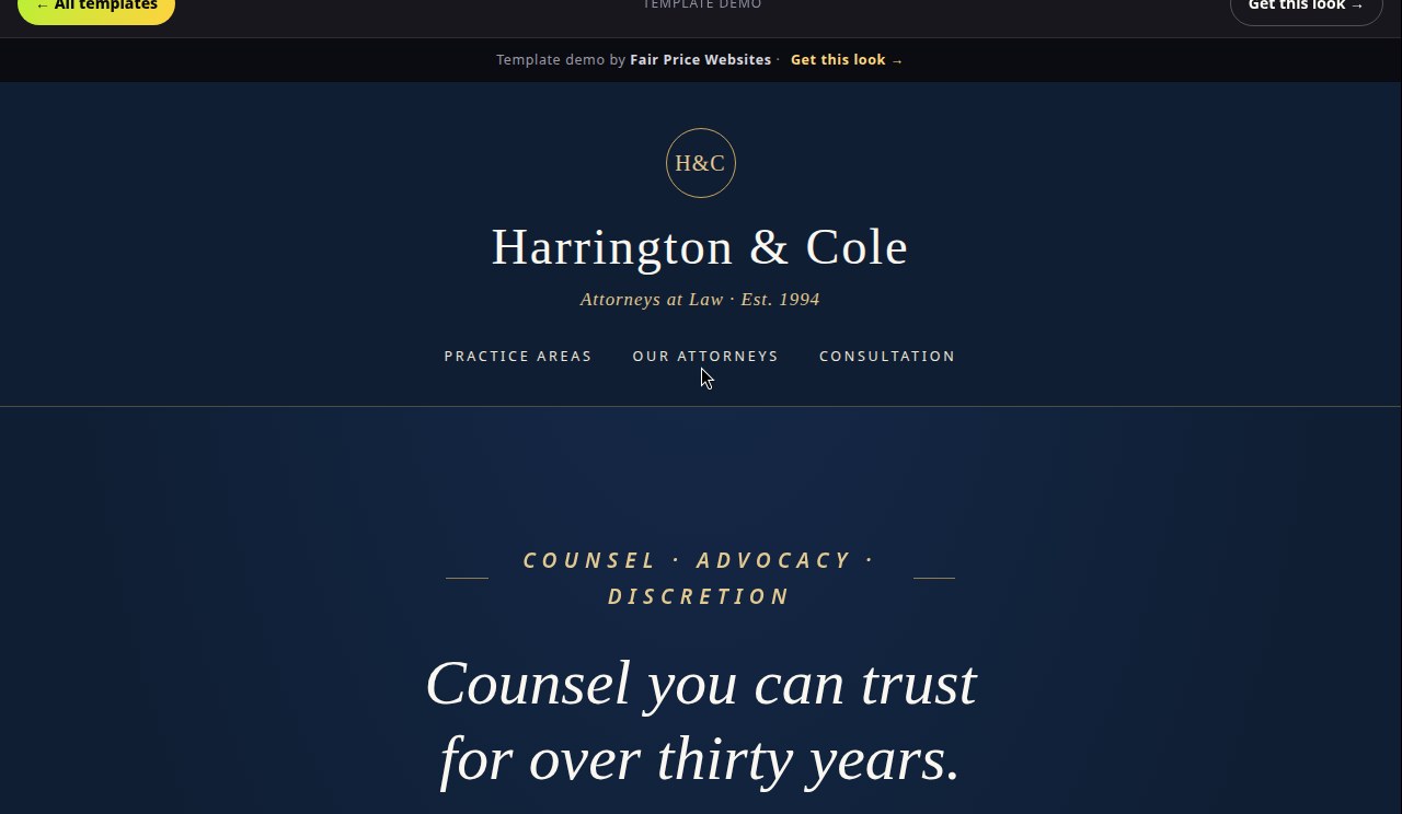 Harrington & Cole template — navy and gold law firm homepage