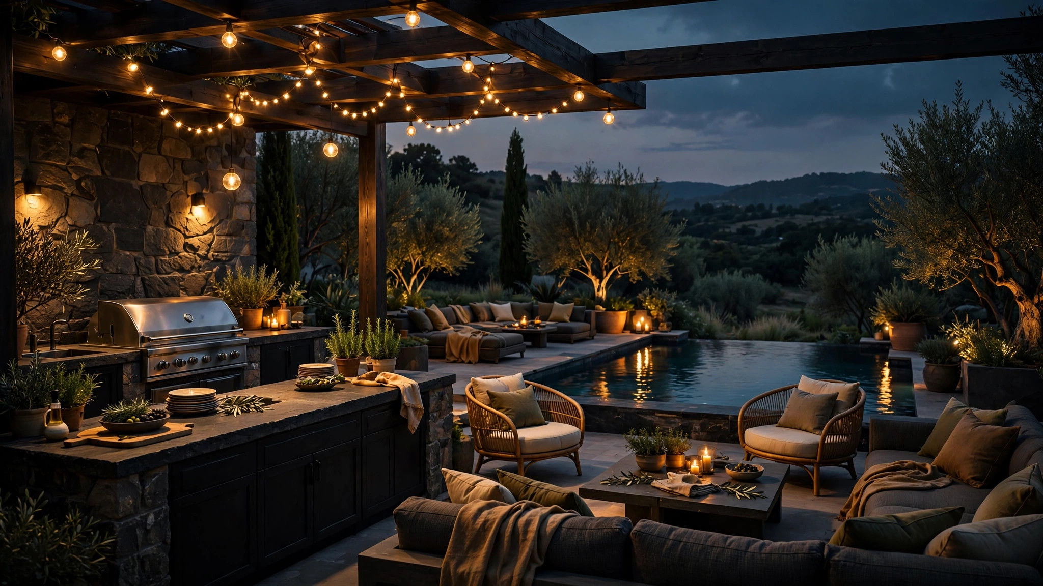 An outdoor summer kitchen and pool terrace at dusk